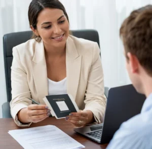 Visa consultant helping client with application and passport review